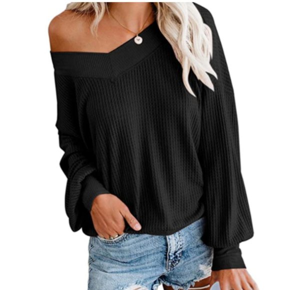 NWT Waffle Knit V-Neck Slouchy Oversized Sweater - Picture 3 of 5